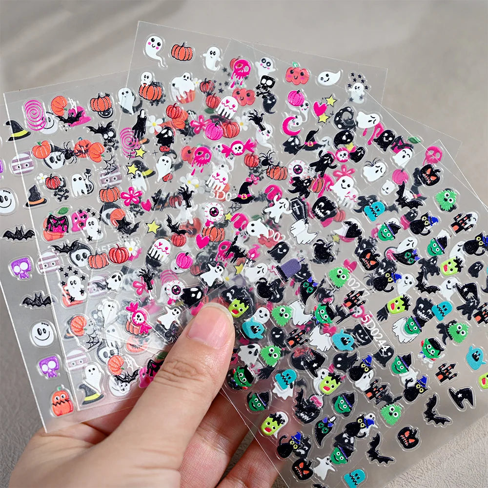 5D Halloween Nail Stickers | Pink/Green/Black Cartoon Pattern Nail Art Slider DIY