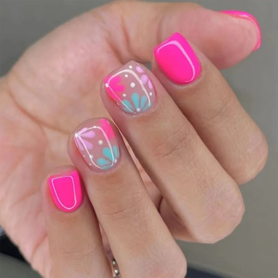 24Pcs Short Fun Summer nails | With Glue Colorful Flower Design Press on False Nails