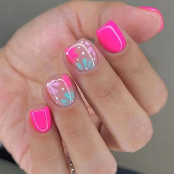 24Pcs Short Fun Summer nails | With Glue Colorful Flower Design Press on False Nails