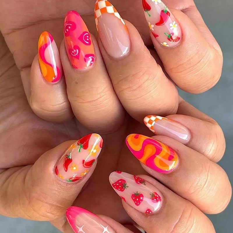 24 Cute Valentines Nails | Sharp Nail Drops Cute Themed Vegetable & Fruit Combination False Nails