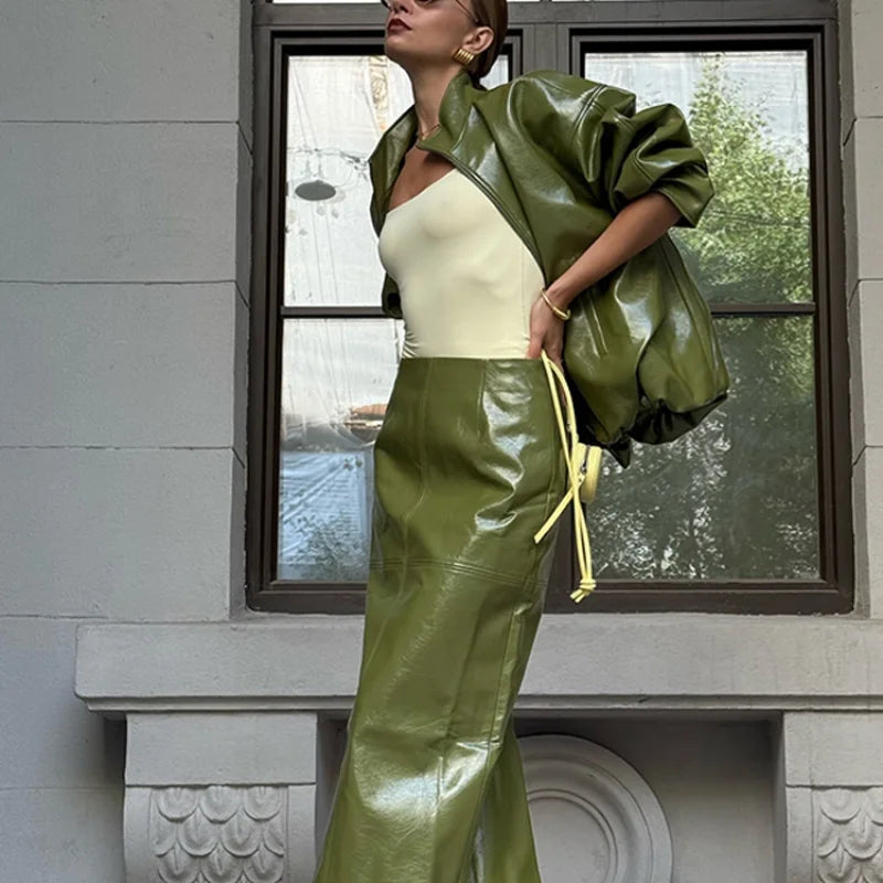 Leather Jacket Skirt Set | Stand Collar Loose Coat Low Waist Solid Long Skirt Autumn Coats Skirt Sets