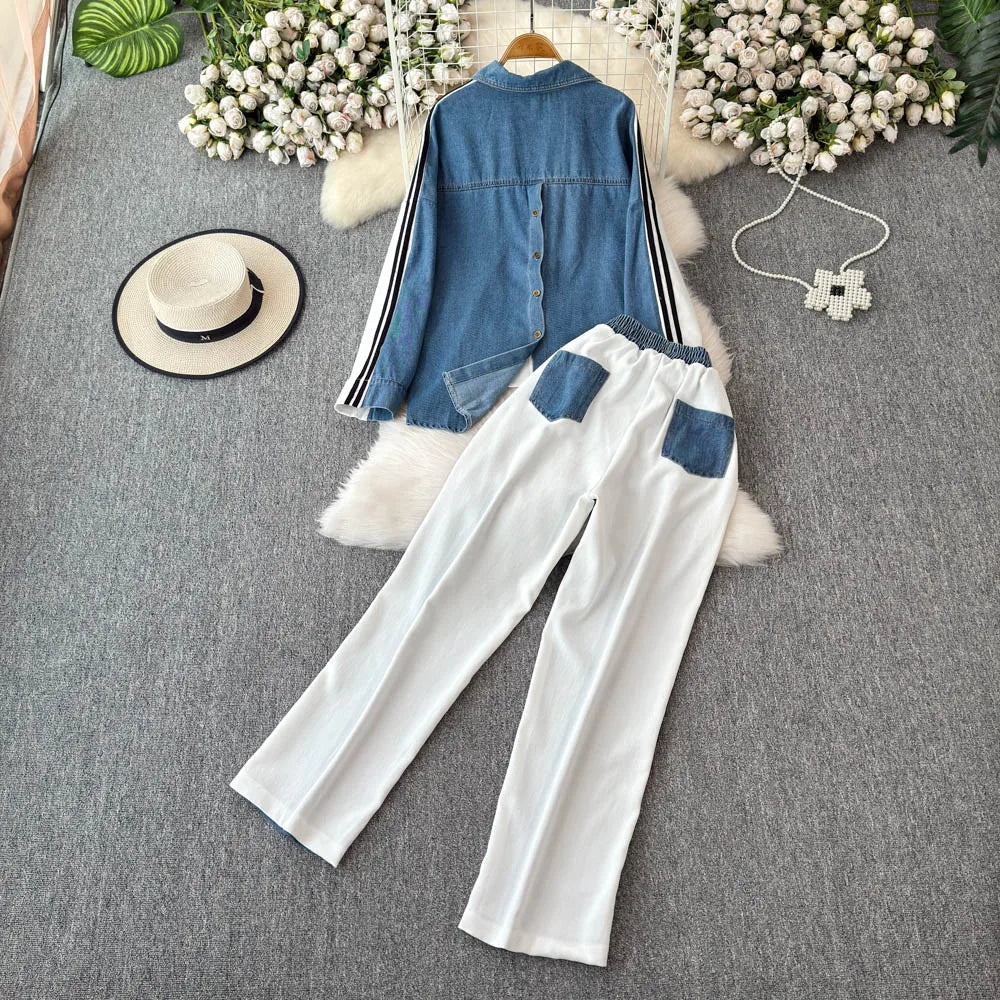 Women Casual Outfits | Women Denim Clothing Sets | Denim Blouse And Wide-leg Pants Outfits