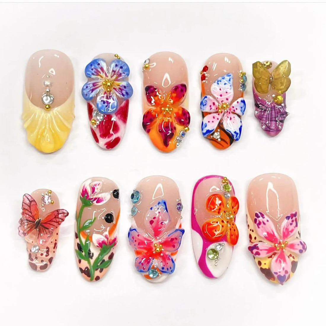 24 Leopard Print Almond Nails | Press on Cherry Flower Pattern Reusable Full Cover Nails