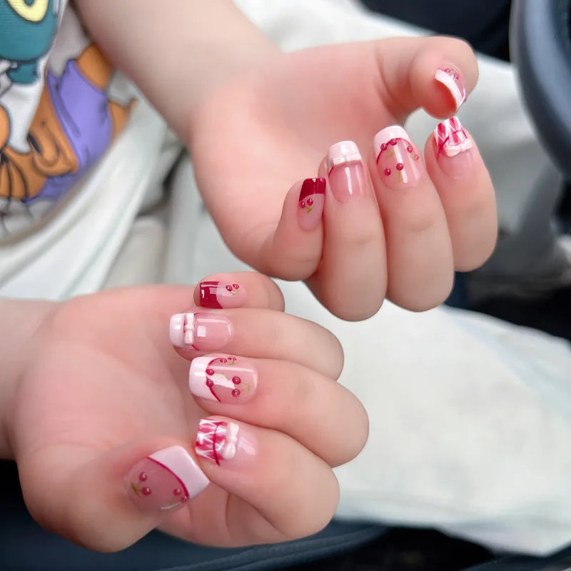 10 3d Cherry Nail Art | Sweetheart Cute Bow Fake Nails Removable and Reusable