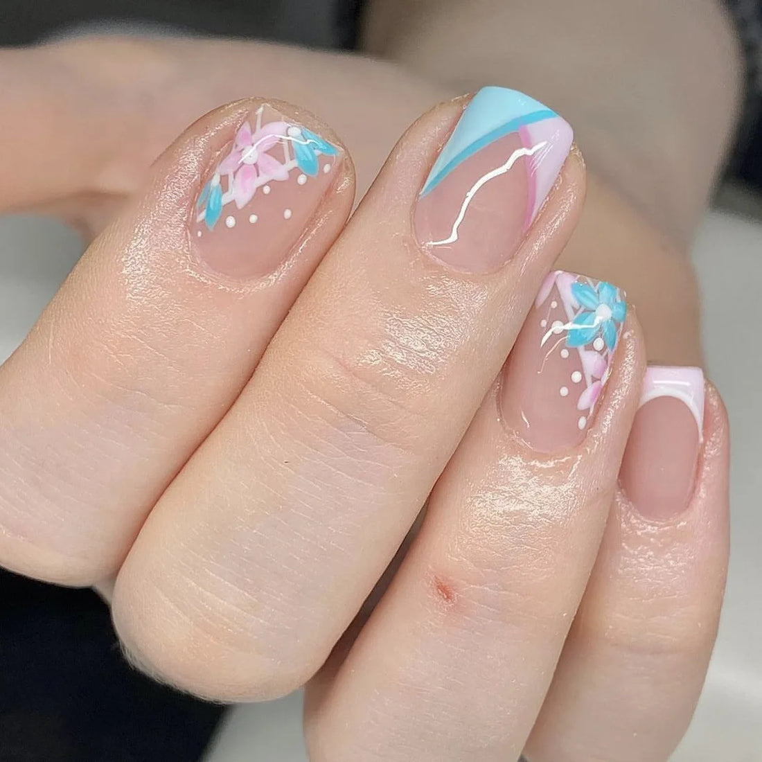 24Pcs Short Fun Summer nails | With Glue Colorful Flower Design Press on False Nails