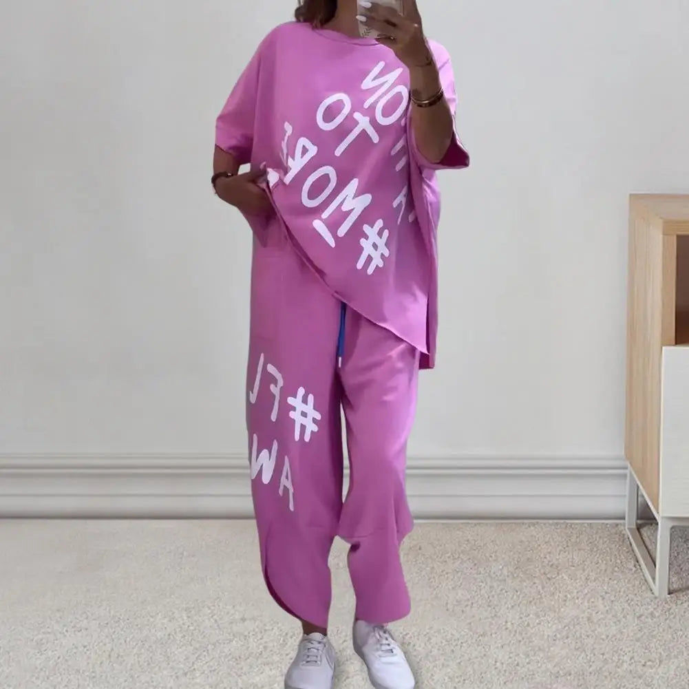 2Pcs/ Women Summer Outfit Ideas | O-Neck Short Sleeve T-shirt Waist Ties Pockets Harem Pants