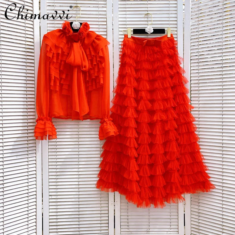 Chiffon Shirts | French Elegant Commuter Lace-up Bow Flared Sleeve Chiffon Shirts High Waist | Long Skirt Two-piece Set Women