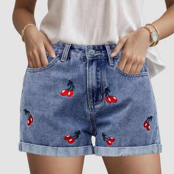 Teen Girls High Waist Denim Shorts with Cute Cherry Embroidery