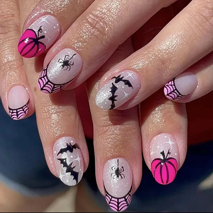 24Pcs Halloween Almond Shape Nails | Full Cover Easter Bat Spider Cool Y2k Fake Nails | Manicure Nail Tips Art