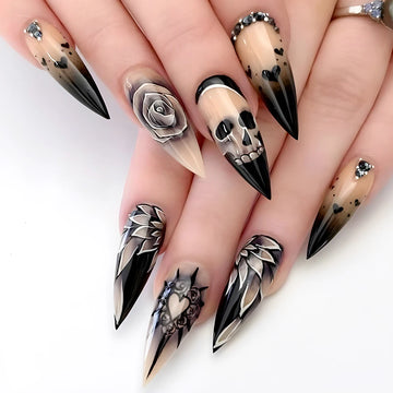 24 Skull Nails Design | French Press On Nails with Flower Heart Design | Full Cover False Nails