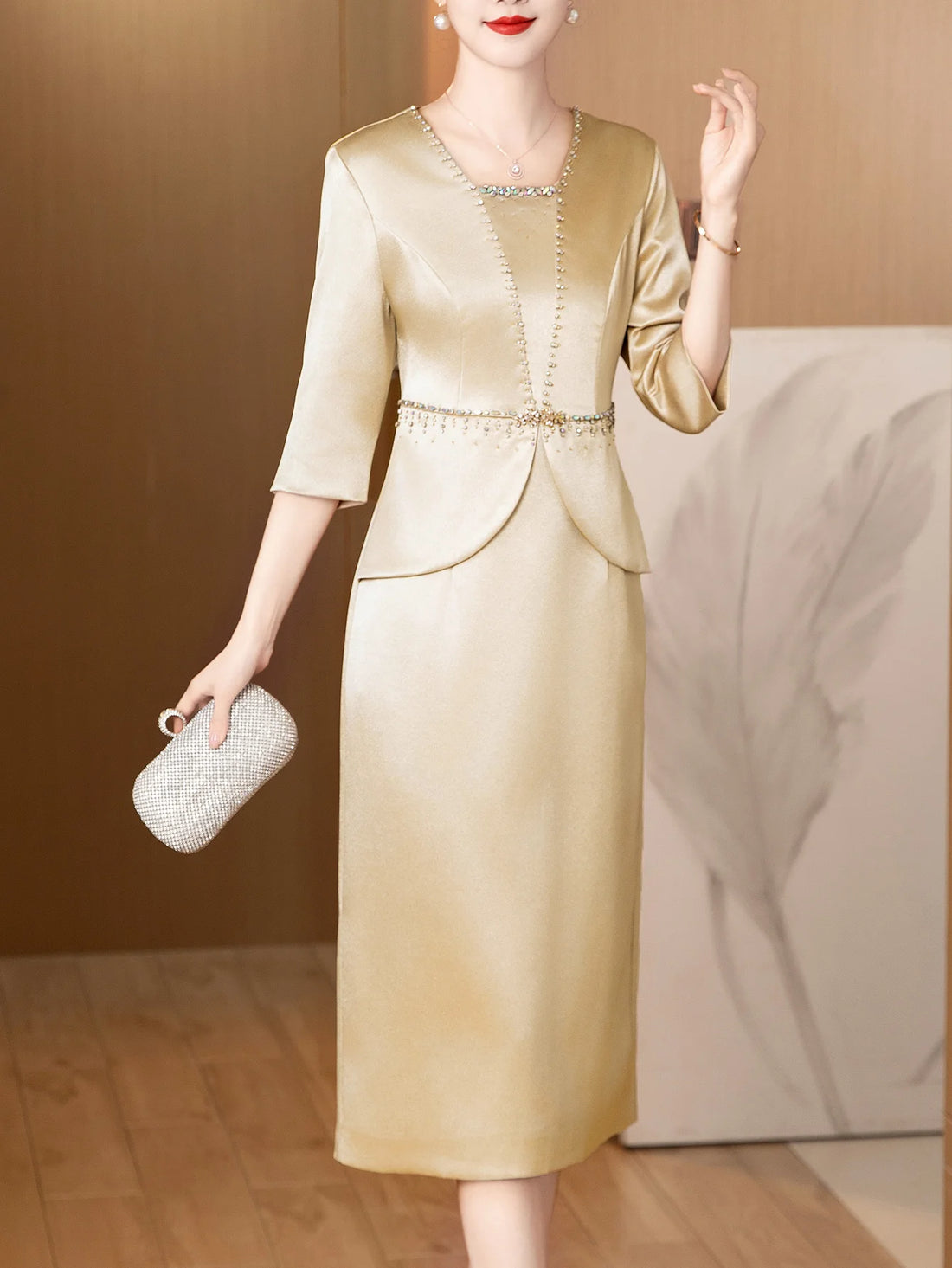 Elegant champagne 3/4 sleeve dresses for wedding guest