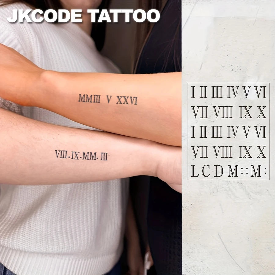 Waterproof Semi Permanent Tattoos | Sketch Hands, Roman Numerals - Temporary Tattoos