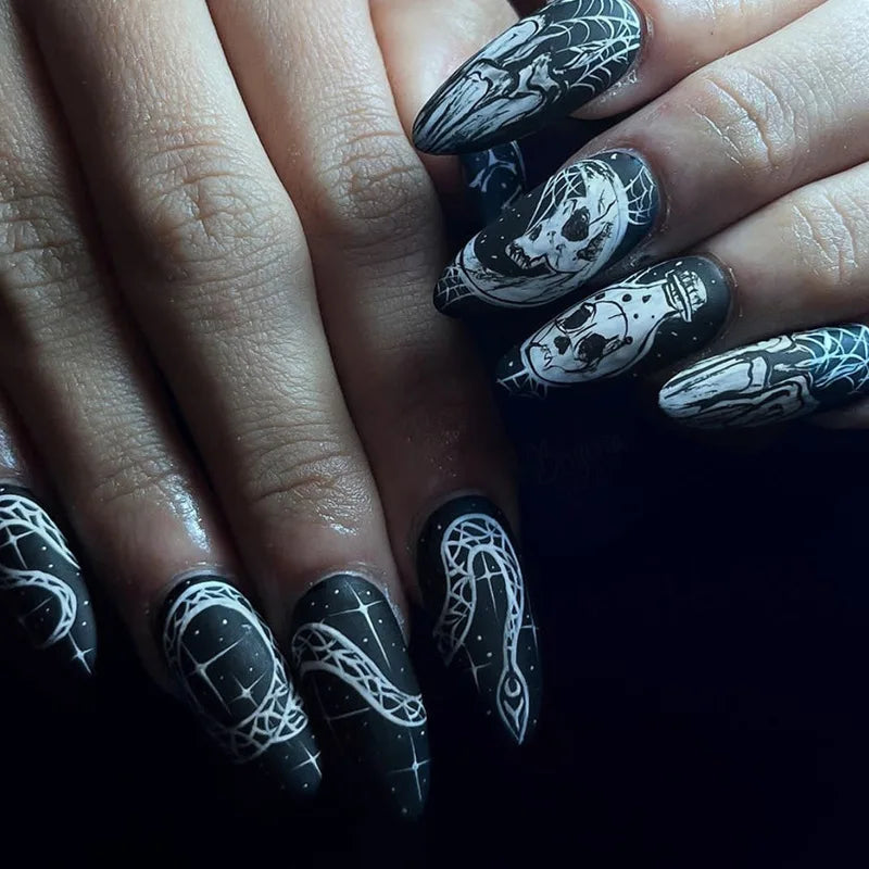 24 Black Halloween Nails – Medium-Long Almond Shape With Halloween Skull Designs