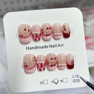 10 3d Cherry Nail Art | Sweetheart Cute Bow Fake Nails Removable and Reusable
