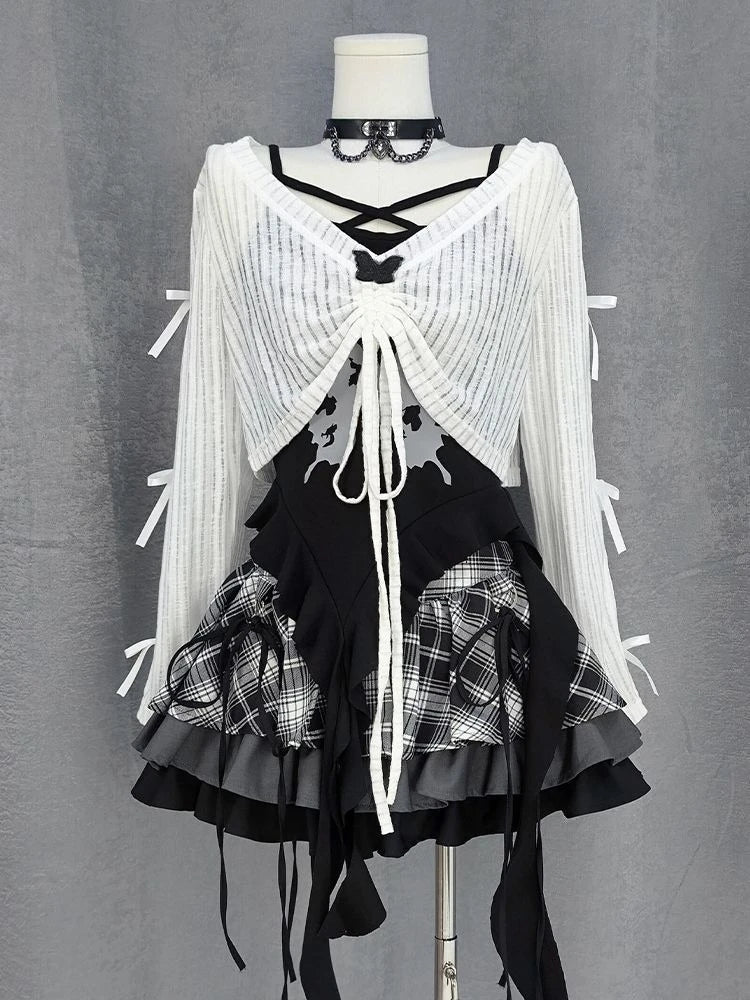 Y2k Aesthetic Outfits | 3 Piece Sets | Sun Protection Drawstring Crop T-shirt + Irregular Print Vest + Plaid Patchwork Skirts