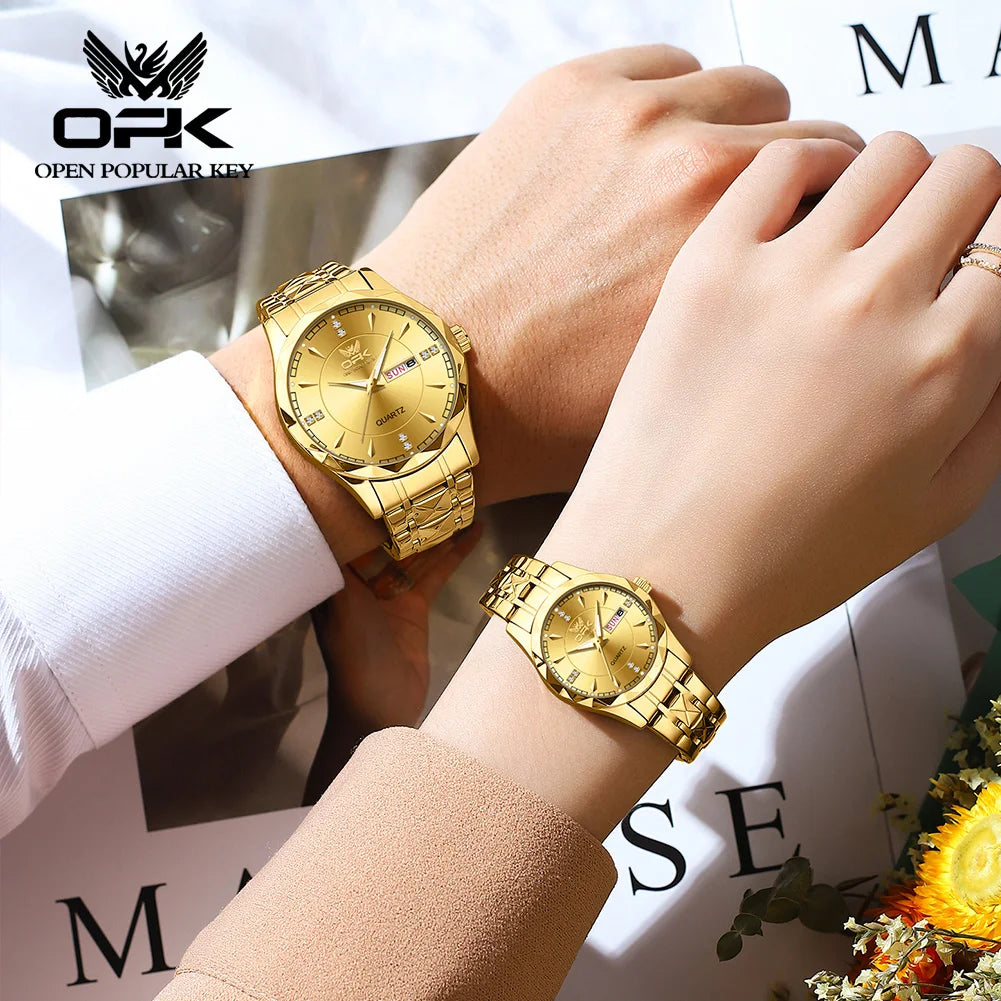 OPK 8151 Golden Stainless Steel Couple Watches For Couples