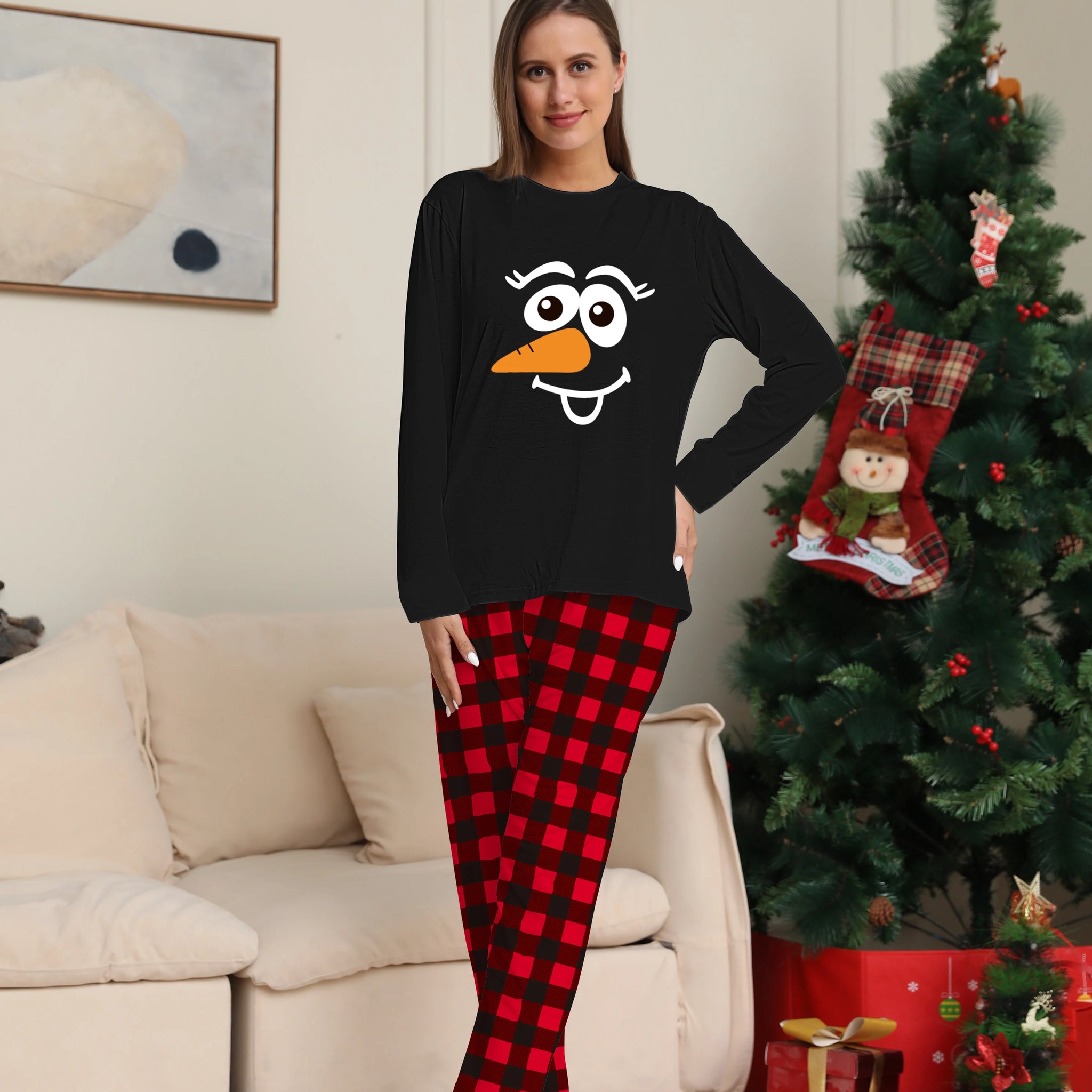 Women's Christmas Pajamas Set with Snowman Face Print, Red & Black Plaid Pants