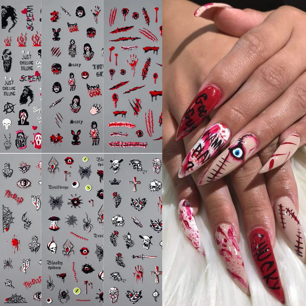 1Pc 3D Halloween Nail Stickers | Ghost Pattern Nail Sliders Knife Marks