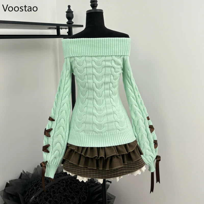 Autumn 2 Piece Set | Bow Knitted Sweater Mini Cake Skirt Suit Femme Y2k Outfits