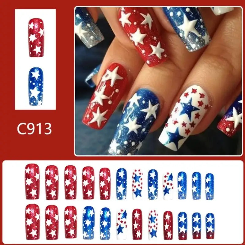 Long Coffin French Tips: 4th of July Press-On Nails with Glue