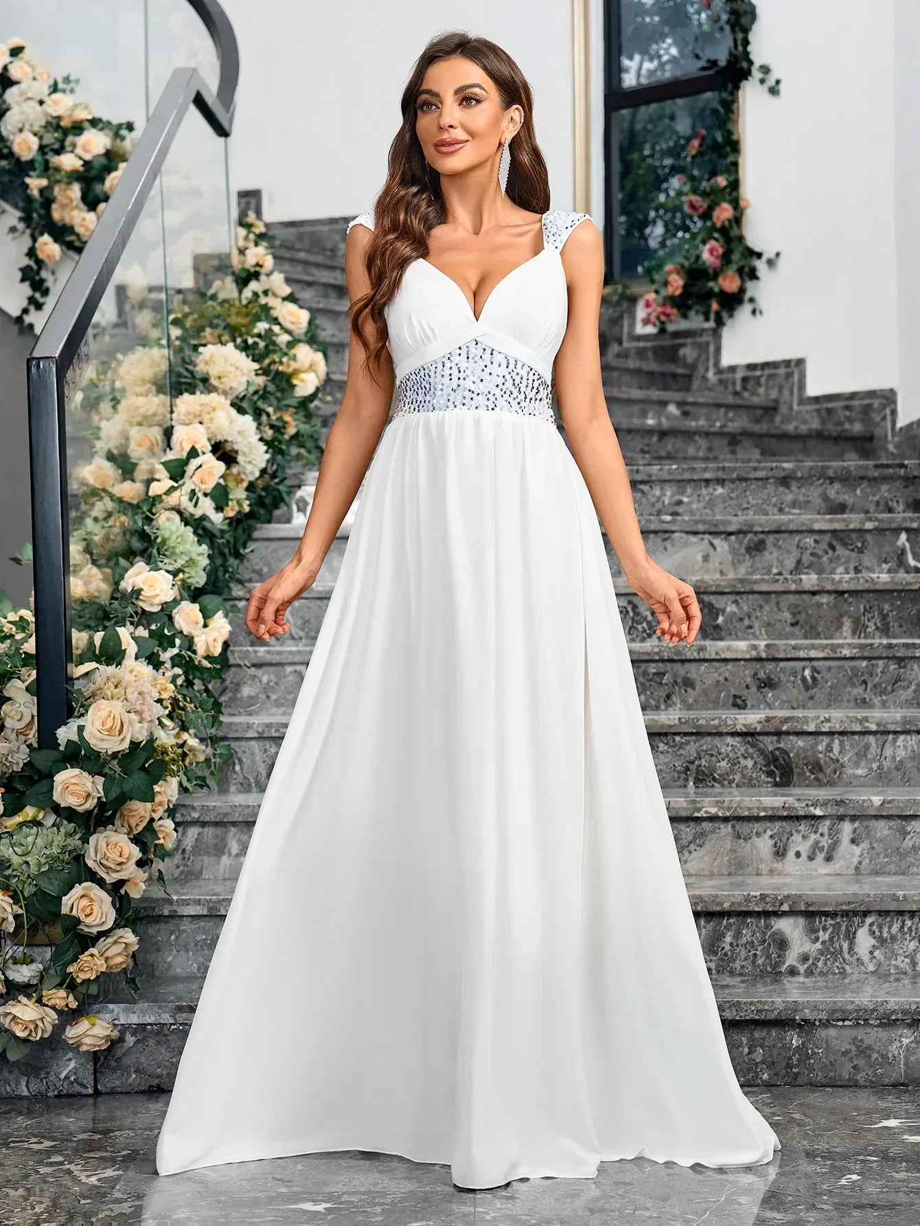 Wedding Dress Spaghetti Strap | Sparkly White Satin Sexy Long Evening Dress | Women Elegant Party Prom Dress