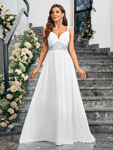 Wedding Dress Spaghetti Strap | Sparkly White Satin Sexy Long Evening Dress | Women Elegant Party Prom Dress