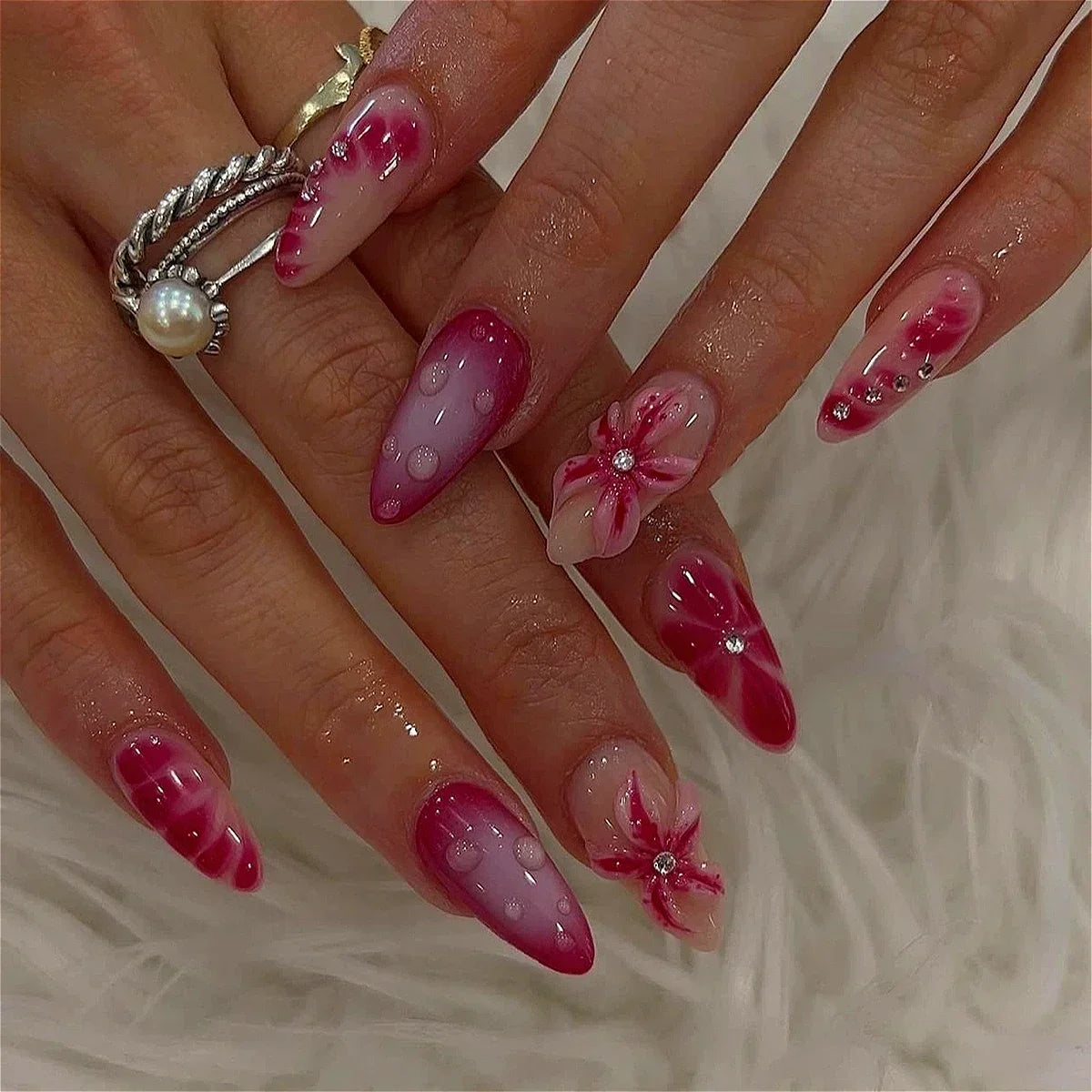 24Pcs Almond Press-On Nails – Red Purple, Full Cover Acrylic Tips