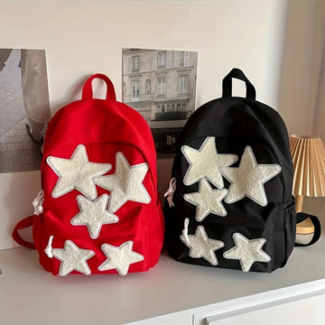 Star Pattern Backpack | Preppy Minimalist Zipper Daily School Bag | Lightweight Large Capacity