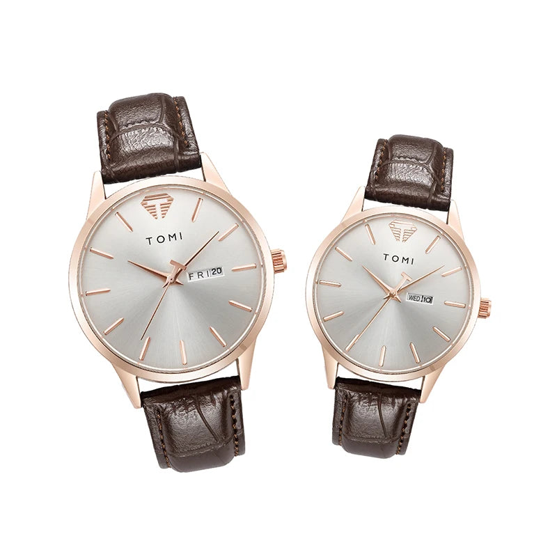 TOMI Two-Piece Casual Minimalist Couple Watch | Luxury Circular Large Dial Calendar Quartz Watch
