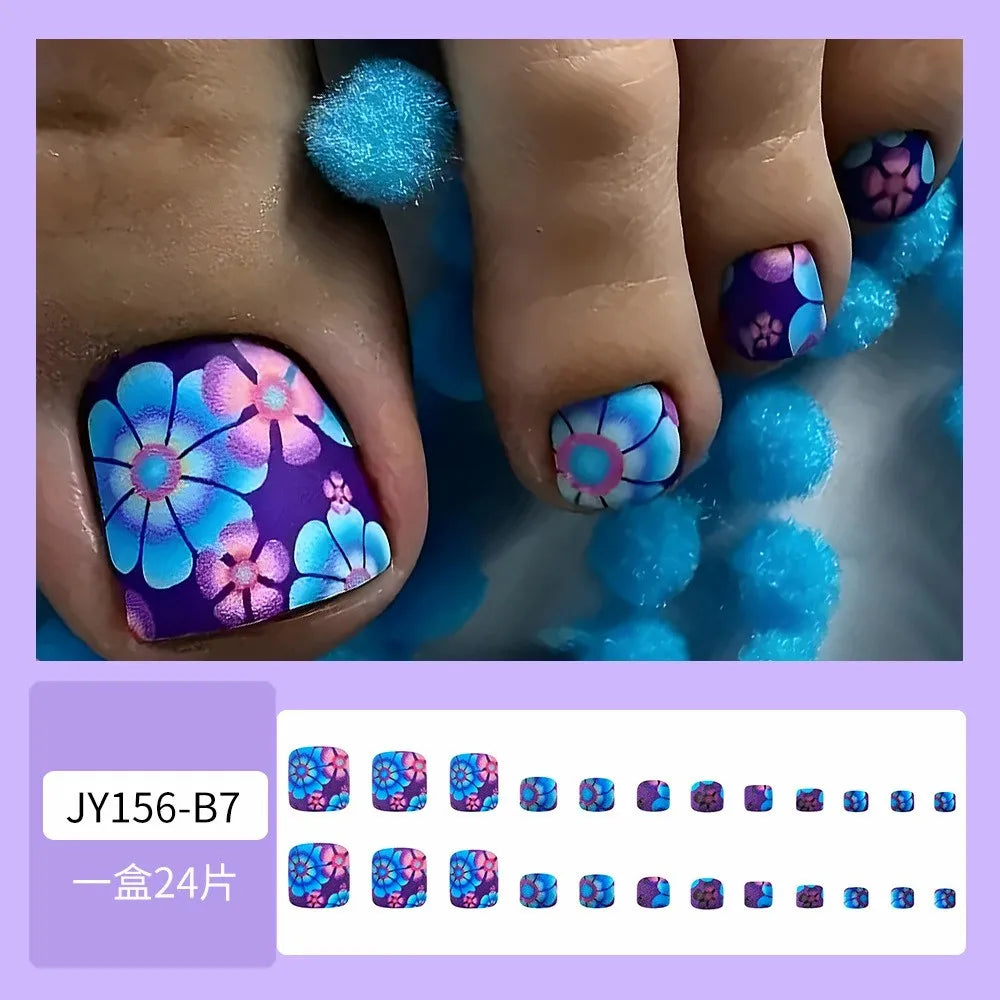 24 Purple Toenails with Designs Summer Short Square | Press On Nails