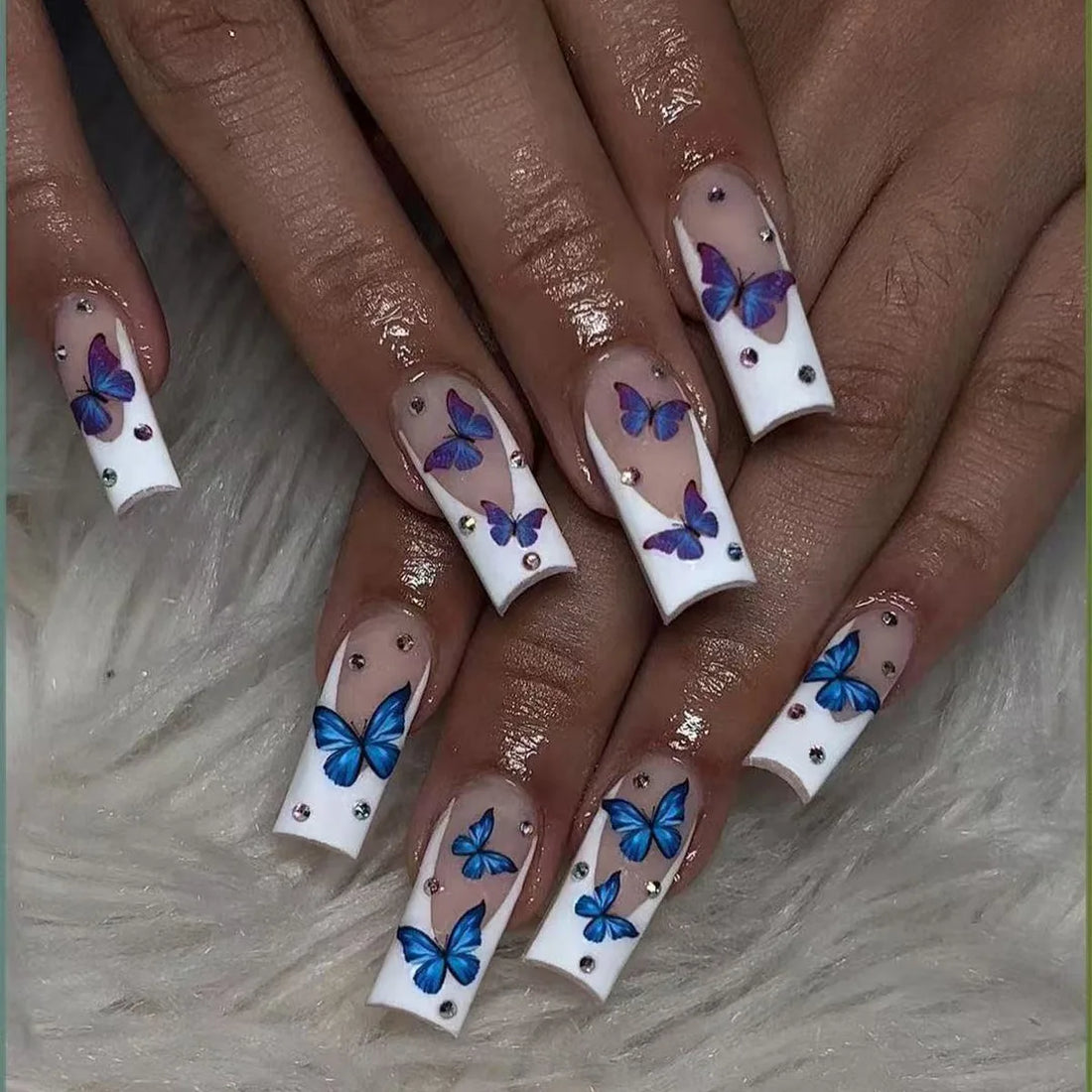 24 Blue Floral Nails | Blue Gradient Ripple Shiny Powder Fake Nails | Flower Detachable