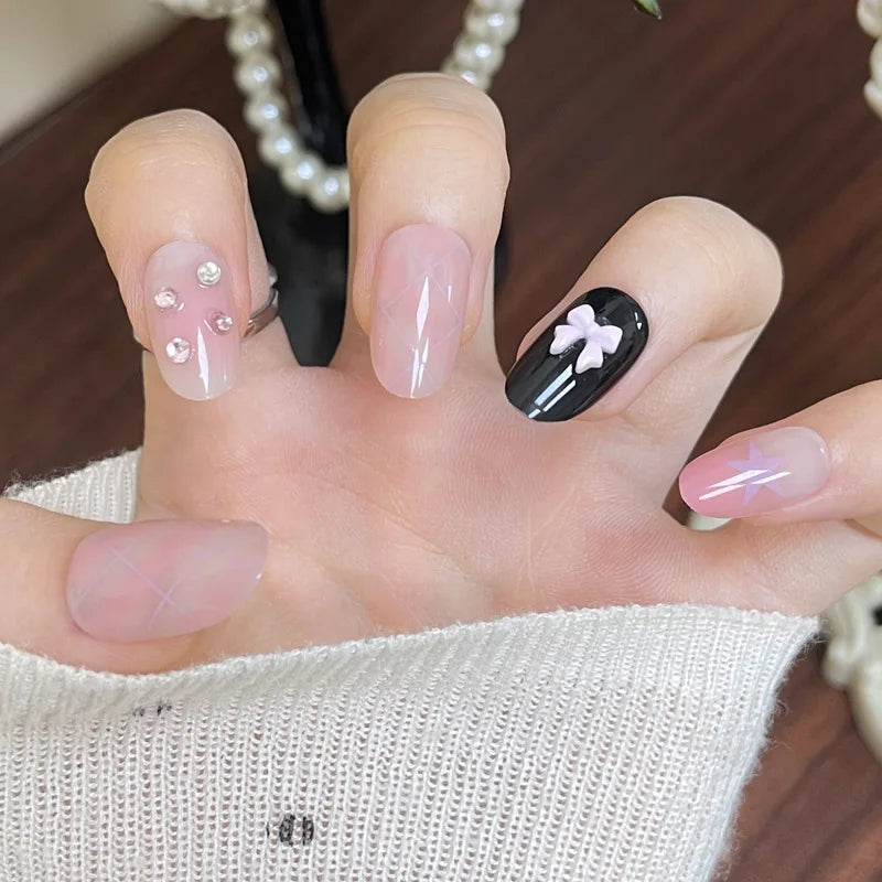 24 Cute Nails Designs | Short Oval Press on Nail with Glue Cartoon Fake Nails