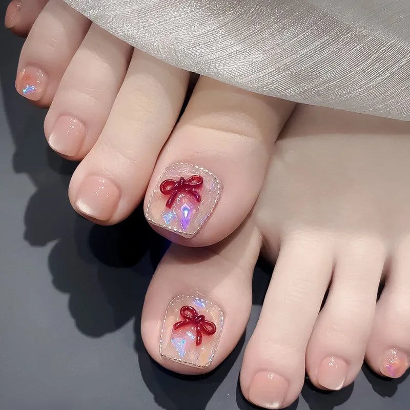 24 Bow Design On Toenails | Five-pointed Star Diamond Decor False Toenail