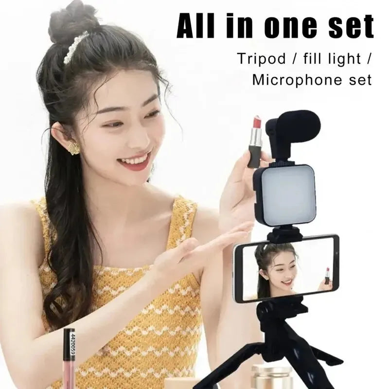 Smartphone Vlogging Kit With Tripod |  Phone Holder Mini Microphone LED Fill Light Starter
