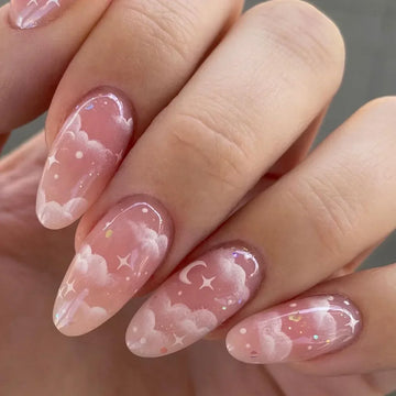 24Pcs Pink Cloud, Star & Moon Acrylic Nails