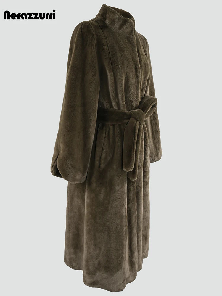 Fluffy Winter Coat | Women Stand Collar Sashes A Line Clothes