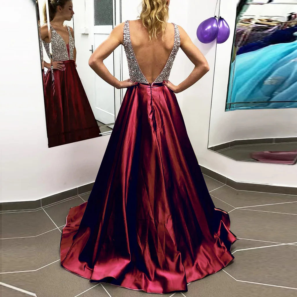Bridesmaid Women Wedding Dress Deep V-Neck Sparkly Sequin Splicing Sleeveless Maxi Dress Backless Long Evening Party Dress