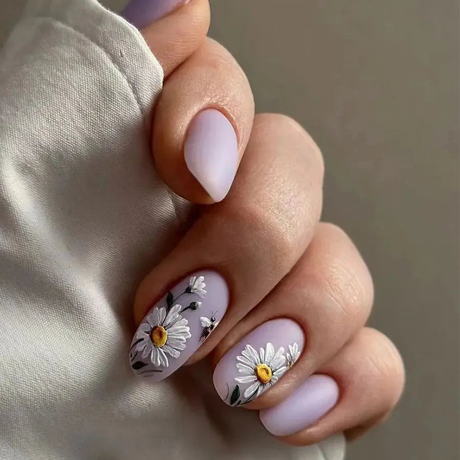 Hand-painted Flowers Nail Art | Orange Purple Pure Color False Nail with Glue