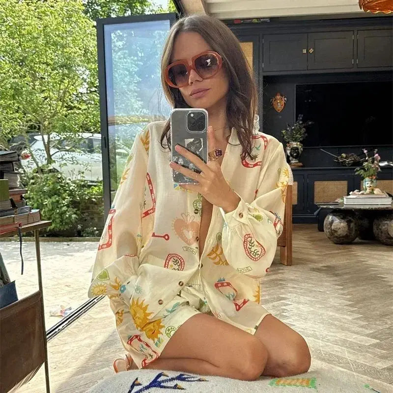 Cozy Fall Outfits | Elastic Waist Two Piece Sets Elegant Floral Print Lapel Long Sleeve Short Pants