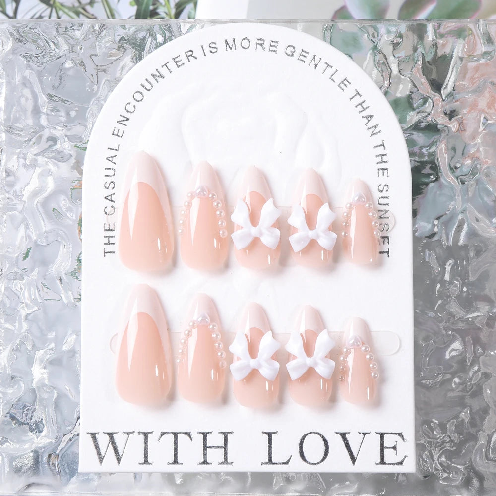 24pcs(+Tools) Classy Nude Pink Nails Featuring Pearl and Bow Accents