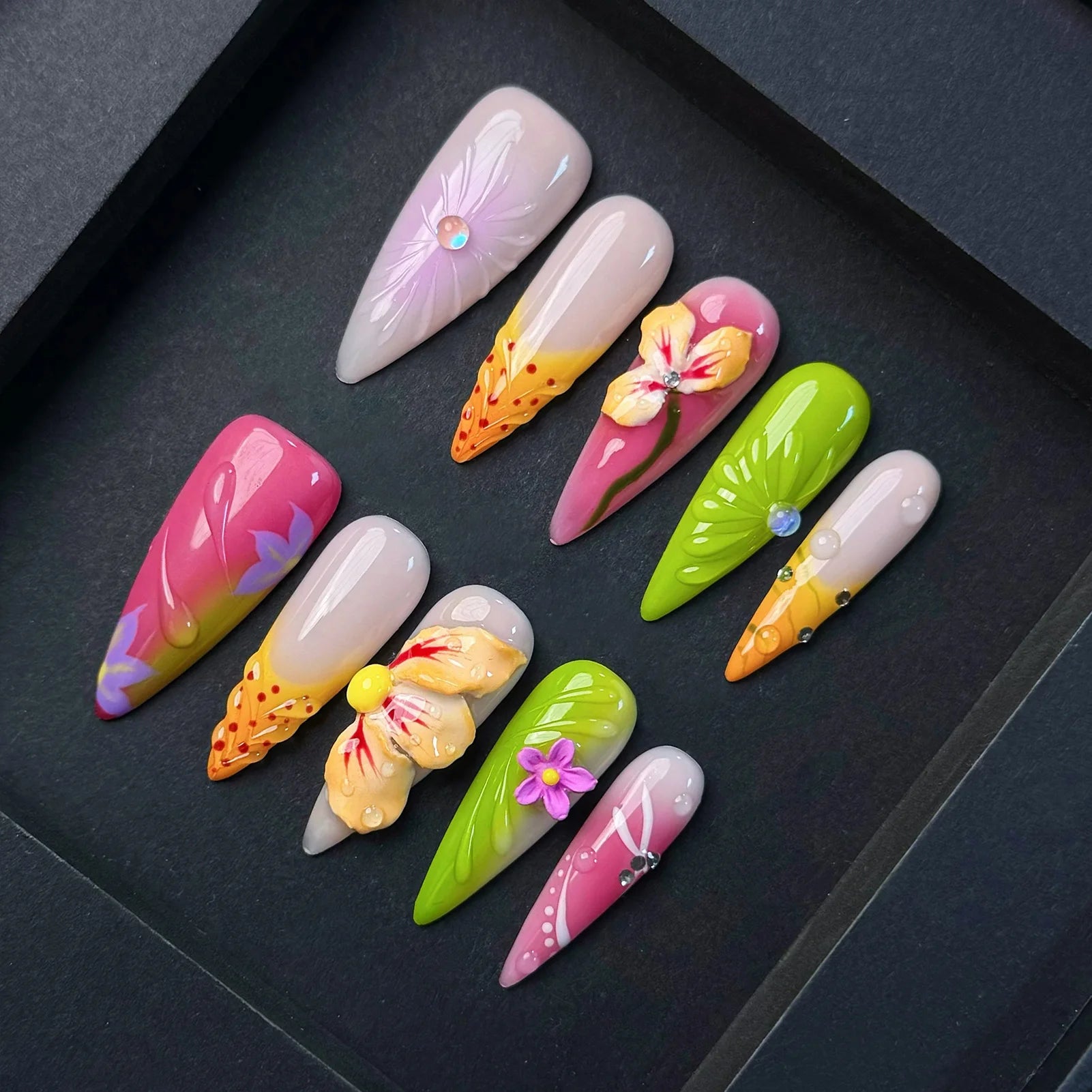 10pcs Colorful Long Stiletto Nails For Summer French Style