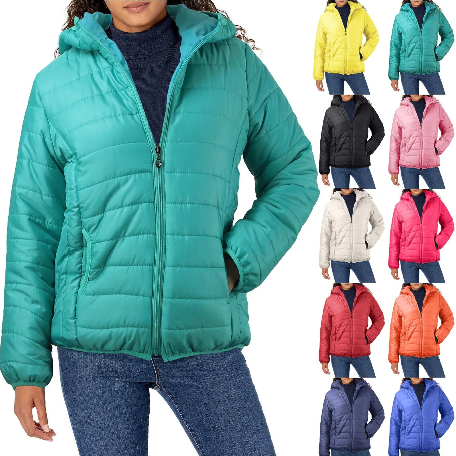 Women's Lightweight Hooded Padded Jacket – Multicolored Zippered