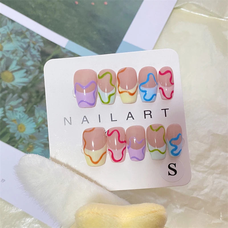 10 Colorful Press on Nails | Puzzle Design Fake Nails False Manicure