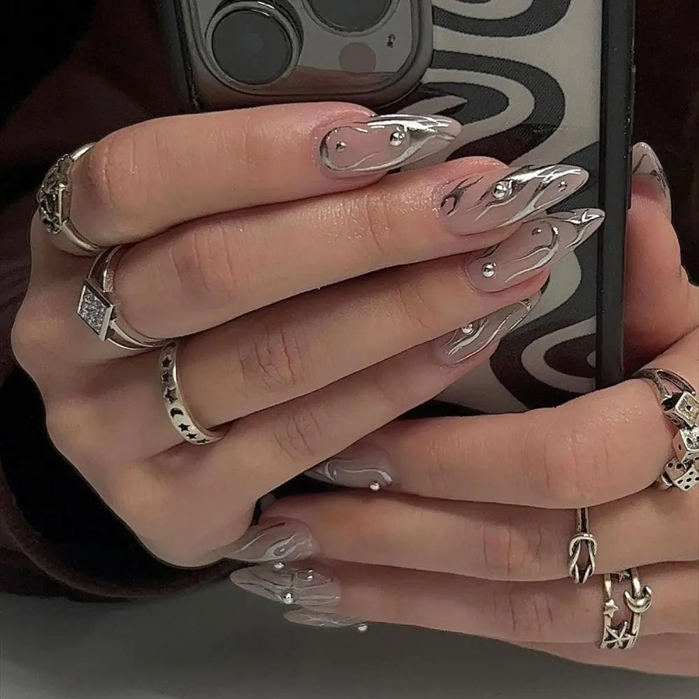 24 Long French Nails | Dark Star Moon Almond Stiletto Ballerina False Nails | Press on Nails