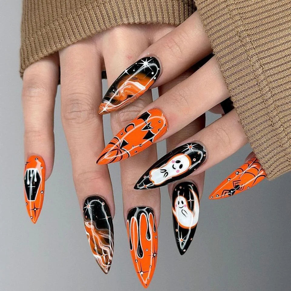 24 Orange Halloween Nails | Almond False Nails Art Detachable Phantom Fake Nail
