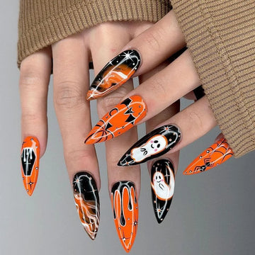 24 Orange Halloween Nails | Almond False Nails Art Detachable Phantom Fake Nail