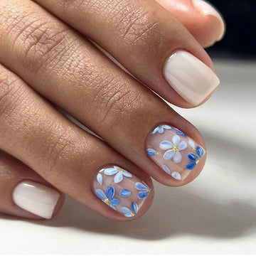 24 Blue Nails With Designs | Blue Flower False Nails Press on Wearable Ballerina Nail Tips
