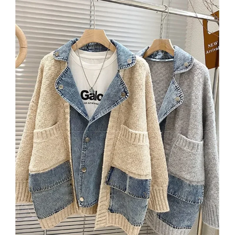 Vintage Denim Jacket Womens | Lazy Wind Knitted Sweater Cardigan Fashion Tide Jacket