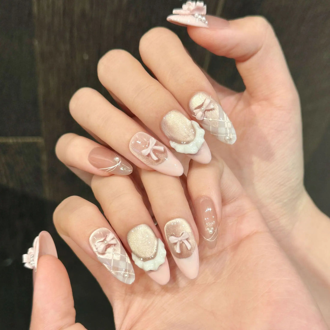 10 pcs Back To School Nails For 8th Graders | Cat Eye Pink Bow Decor Korean False Nails