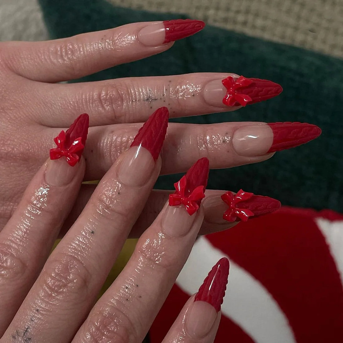 24 Red French Nails | Bow 3D Red Bowknot Design Almond False Nail | Press on Nails for Girls